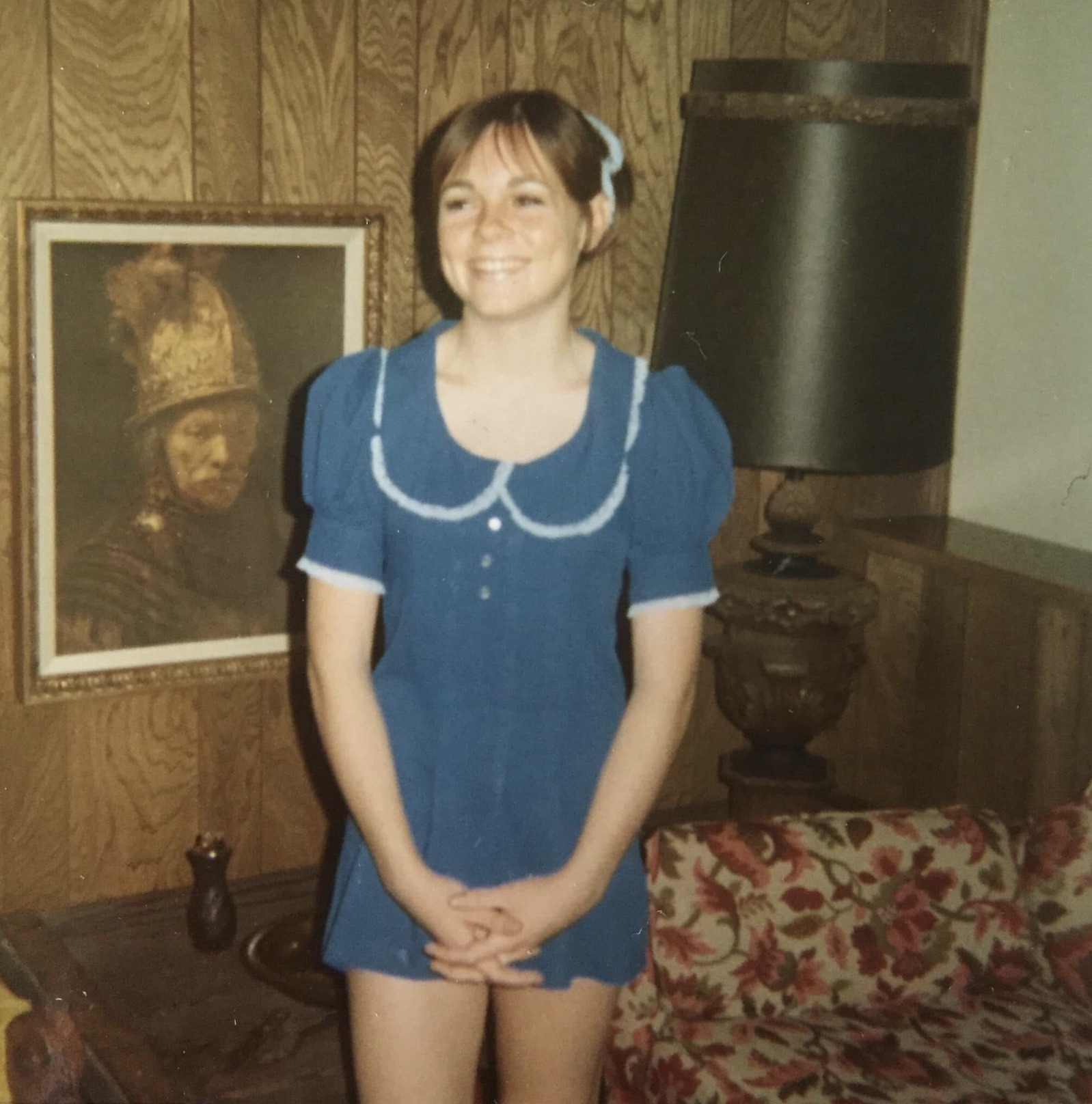 Feeling judged while posing for my mom in my song girl outfit, 1970.